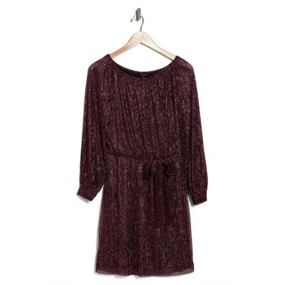 New Halogen Off-The-Shoulder Burgundy Metallic Dress With Puff Sleeves Size M - Picture 7 of 9